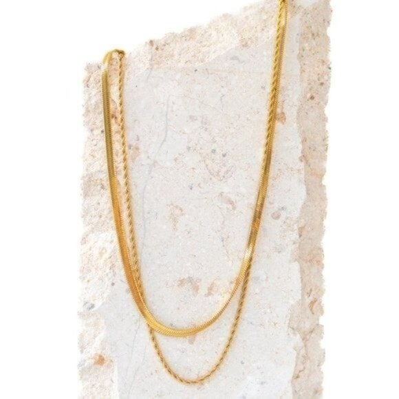 Necklace Layered Gold Herringbone & Gold Rope Chain Necklace WATERPROOF Necklace - Picture 6 of 13